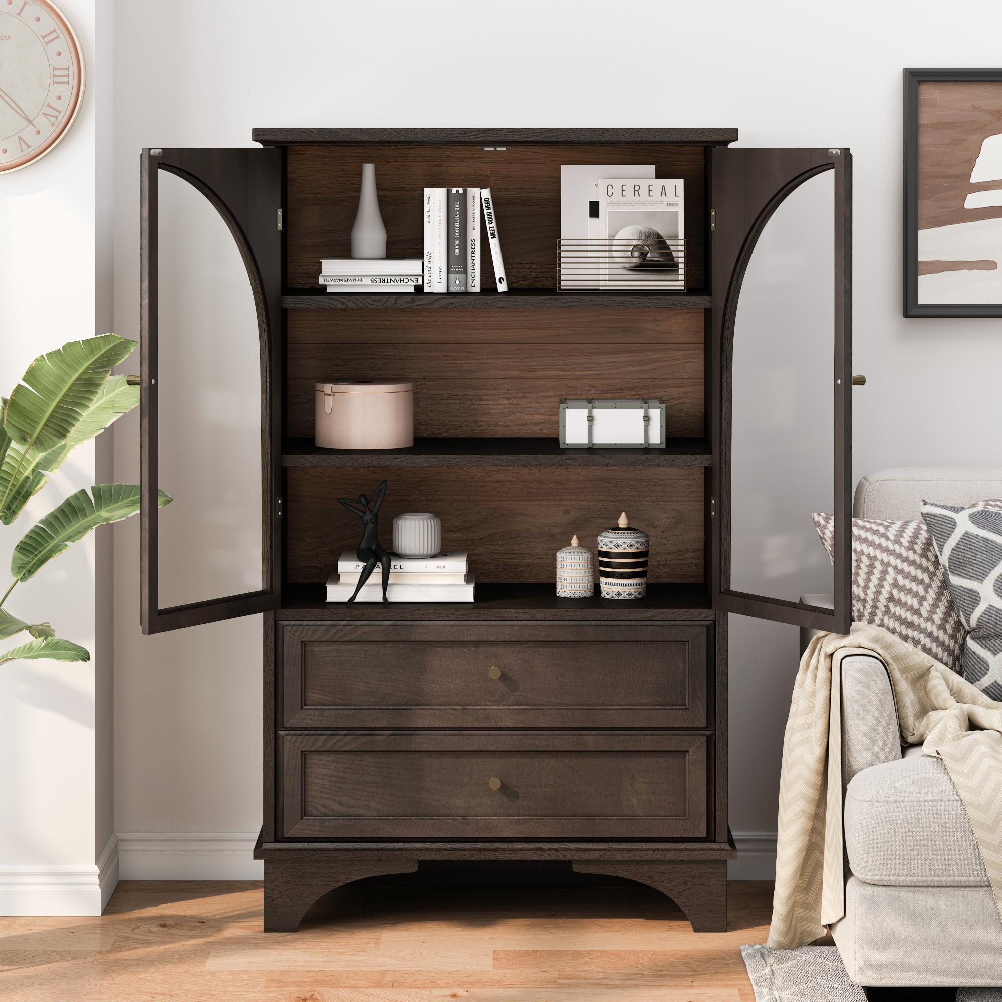 52.17"H Storage Cabinet with 2 Drawers and Adjustable Shelf,Modern Glass Door Curio Cabinet for Living Room,Bedroom,Kitchen,Office,Brown