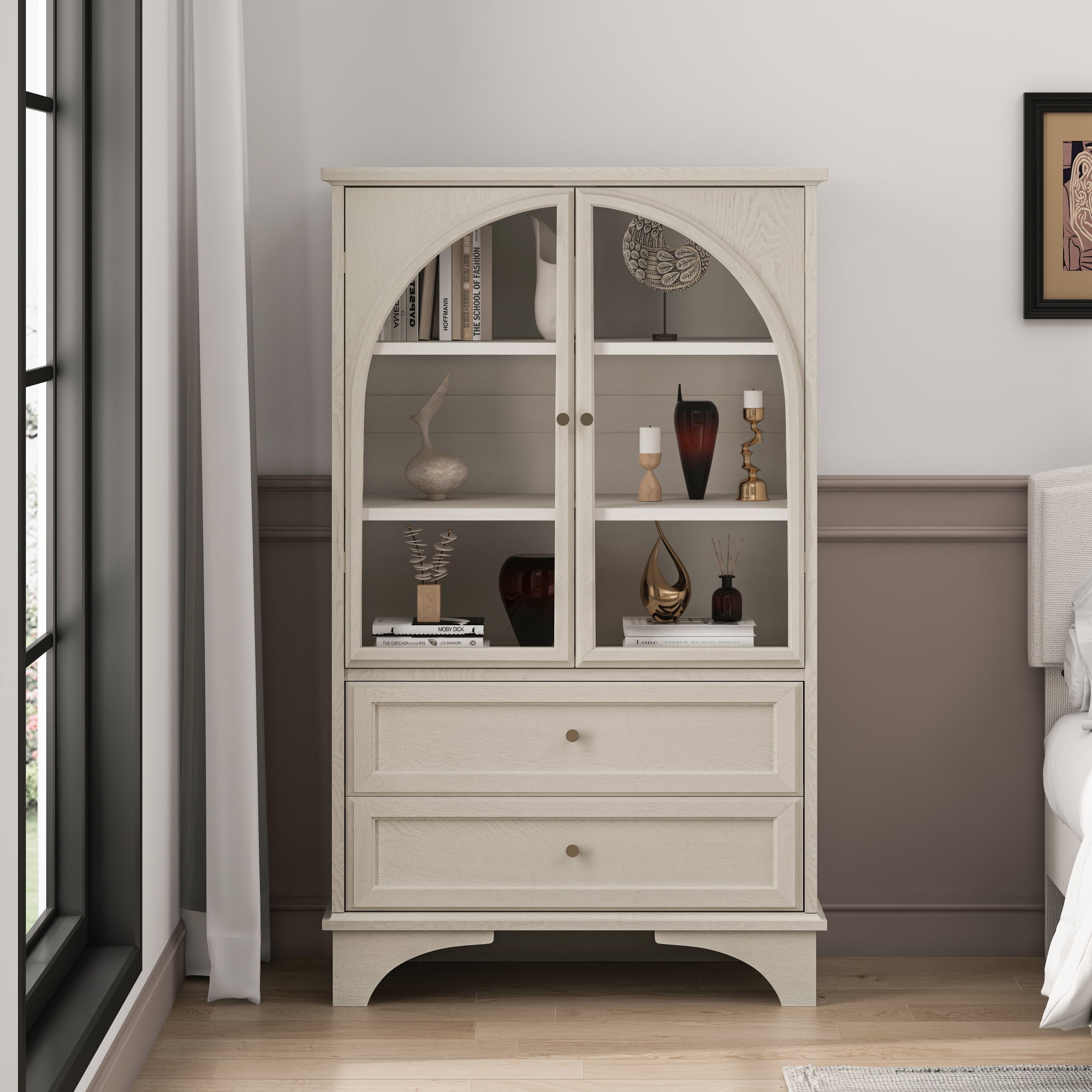 52.17"H Storage Cabinet with 2 Drawers and Adjustable Shelf,Modern Glass Door Curio Cabinet for Living Room,Bedroom,Kitchen,Office,White