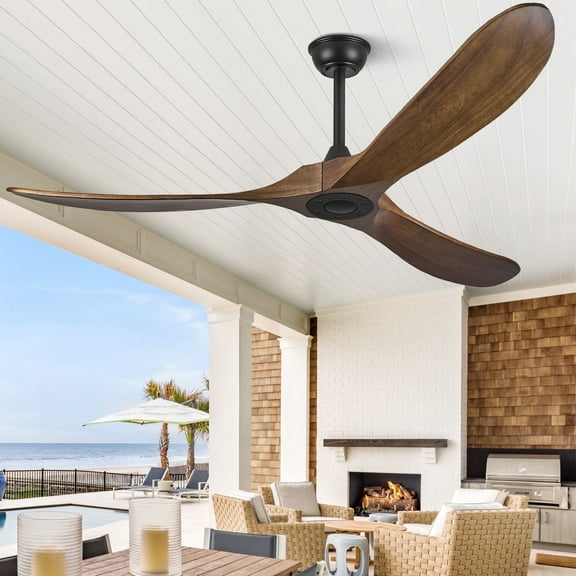 52'' 3-Blade Ceiling Fan (No Light) – Solid Wood Walnut Propeller Ceiling Fans Without light, Remote, DC Motor, Indoor/Outdoor/Patio (Coastal/Farmhouse)