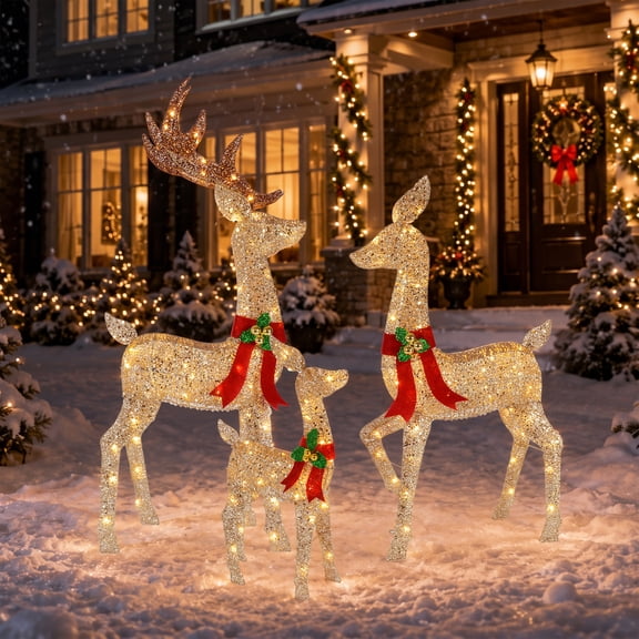 52 "3-Piece 3D Lighted Christmas Deer Family Outdoor Decorations, Large Gold Reindeer Set with 146 Warm White Lights, Stakes and Zip Ties for Yard Lawn Porch Garden Patio Holiday Decor