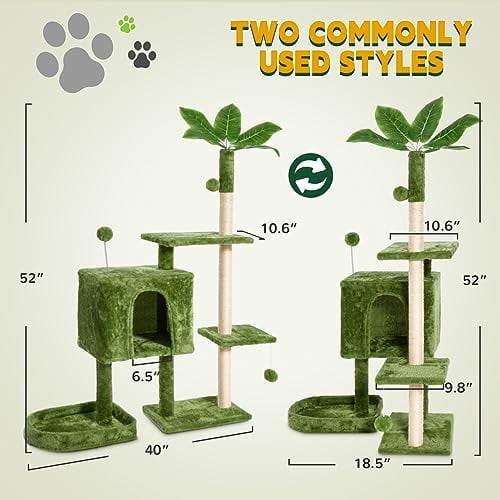 52" Cat Tree Cat Tower for Indoor Cats with Green Leaves, Multi-Level Cozy Plush Cat Condo Cat House Scratching Posts for All Breeds Sizes