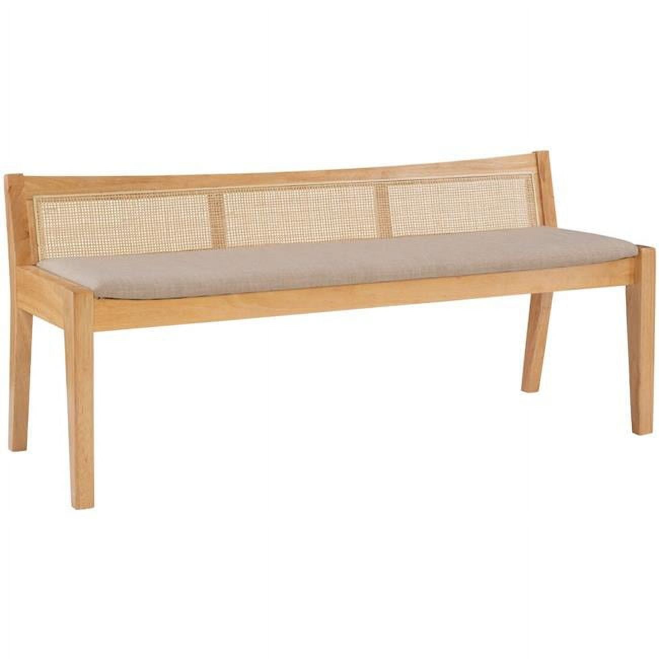 Elegant Natural Wood and Beige Linen Storage Bench with Rattan Back