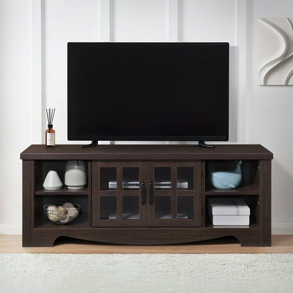 52.37 in. Dark Walnut Wood TV Stand with 1 Glass-fronted Storage Cabinets Fits TV's up to 60 in.