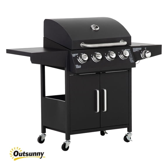 52" 4+1 Burner Propane Gas Grill - Outdoor BBQ Trolley with Side Burner & Wheels - Black