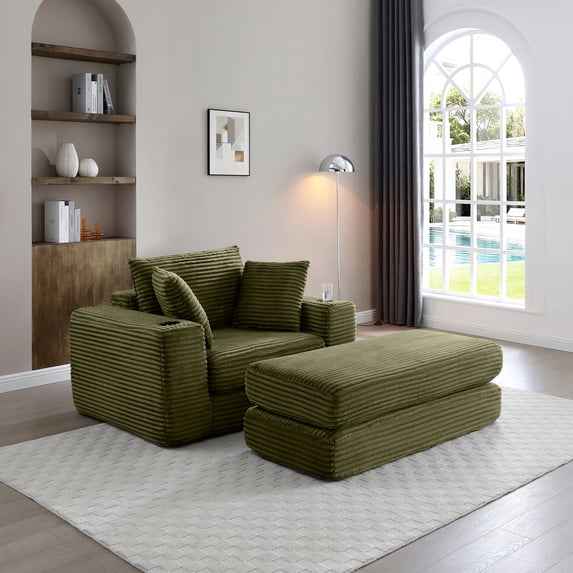 52.4'' Boneless Chaise Lounge Chair Indoor-Oversized Cloud-Like Cozy Comfy Modular 3-in-1 Sofa Bed for Reading with Ottoman & Cup Holders for Living Room Bedroom Reading,Green.