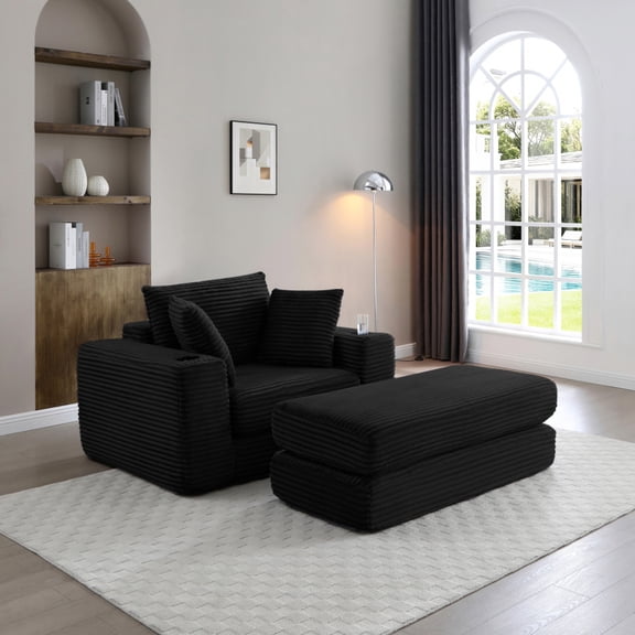 52.4'' Boneless Chaise Lounge with Folding footstool, Black Cloud-Like Comfy Modular Sofa Bed for Reading, Living Room