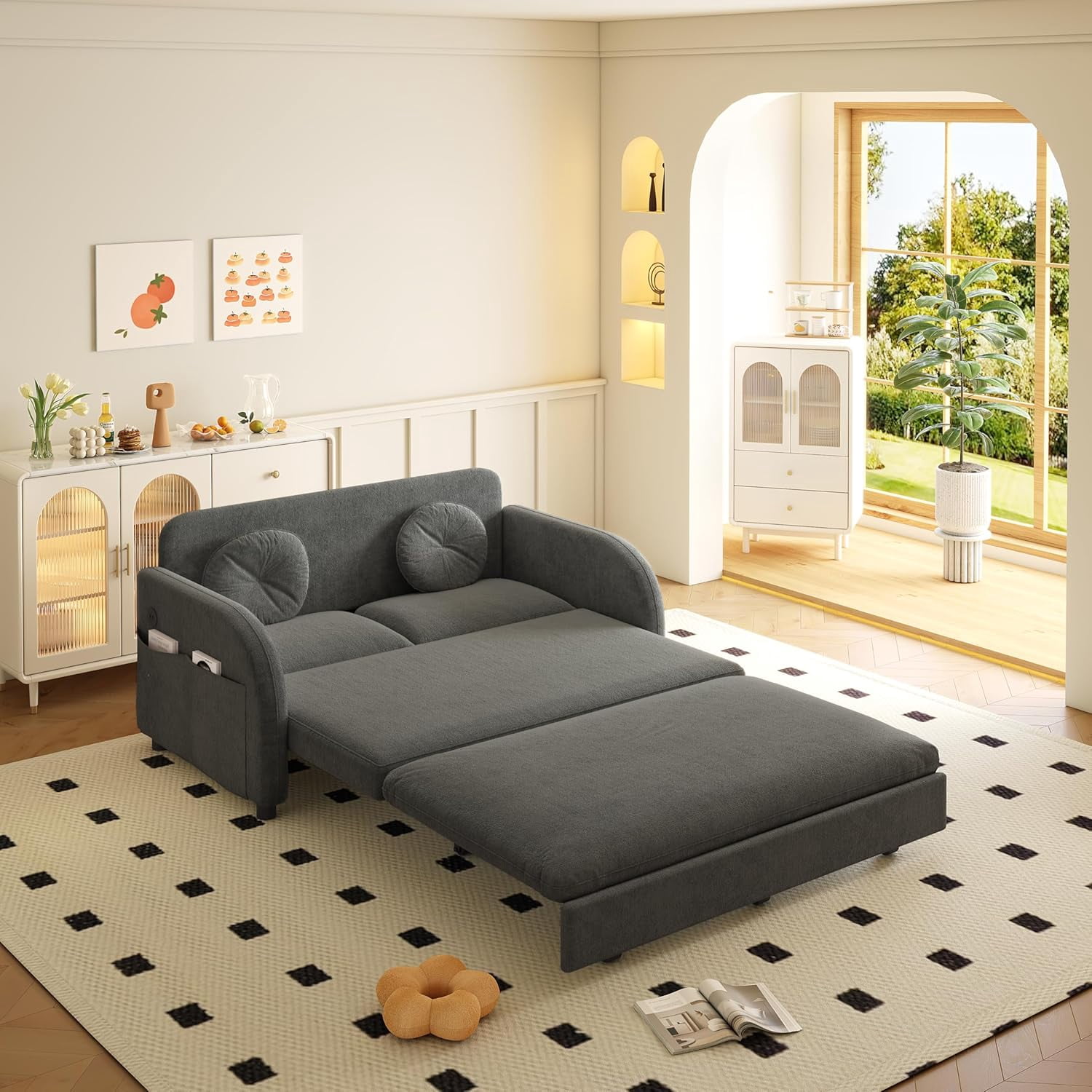 52.4'' Pull Out Couch Full-Size, Futon Sofa Bed, Convertible Sleeper Sofa Bed with USB Port, Storage Pockets, 2 Pillows, Modern Chenille Loveseat Couches for Living Room, Small Space, Grey