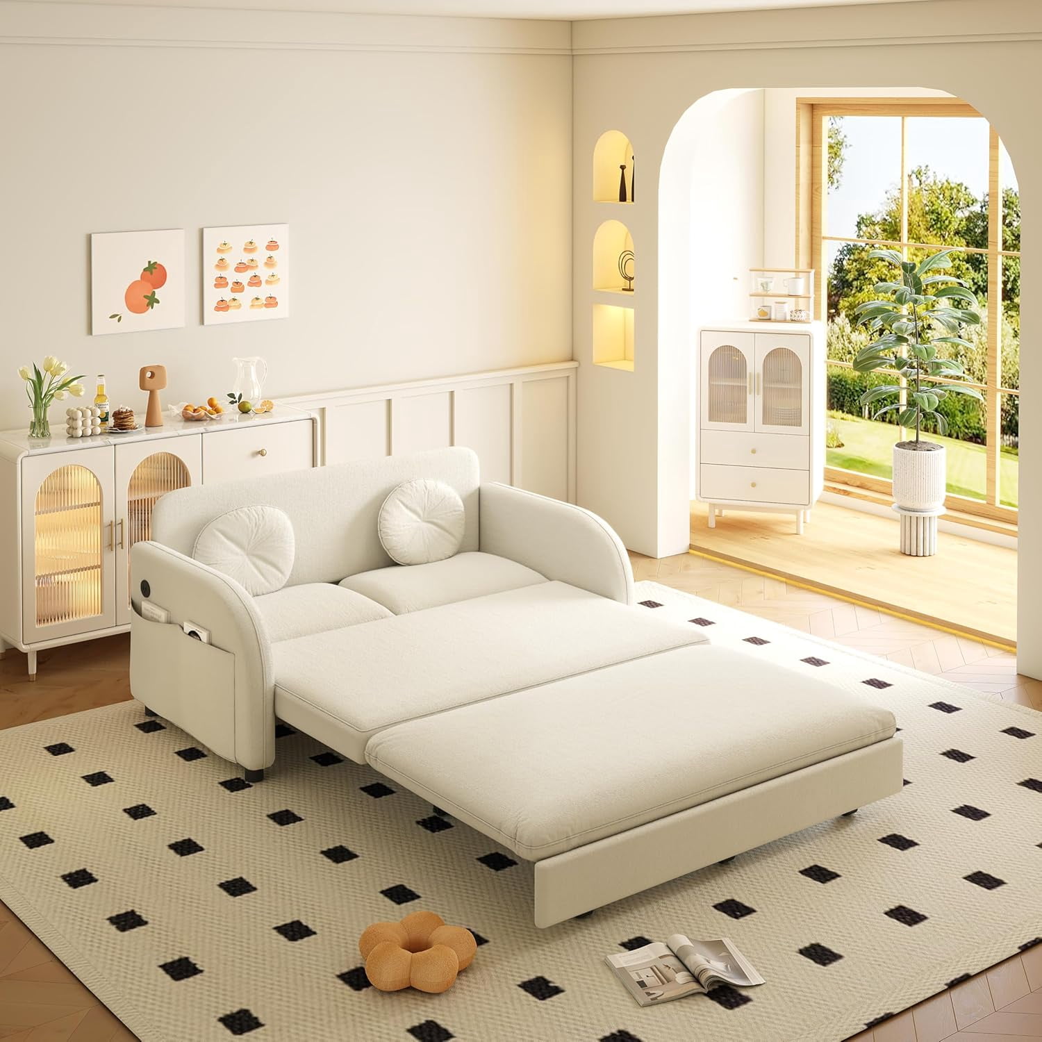 52.4'' Pull Out Couch Full-Size, Futon Sofa Bed, Convertible Sleeper Sofa Bed with USB Port, Storage Pockets, 2 Pillows, Modern Chenille Loveseat Couches for Living Room, Small Space, Beige