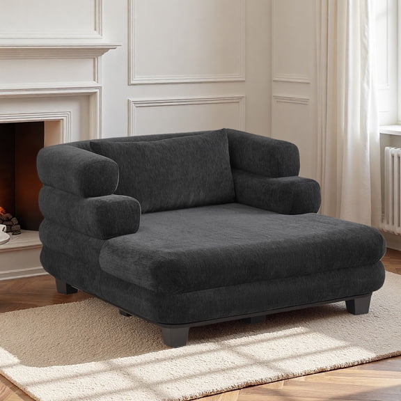 52.4"W Oversized Chenille Chaise Lounge with Layered Armrests, Black