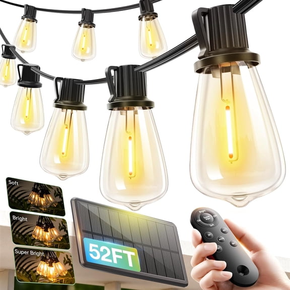 52(48+4) FT Solar St Lights Waterproof,Patio Lights Solar Powered with Remote & USB Port 16+1 LED Shatterproof Bulbs 3 Light Modes, Dimmable Solar Light for Camping Backyard Garden