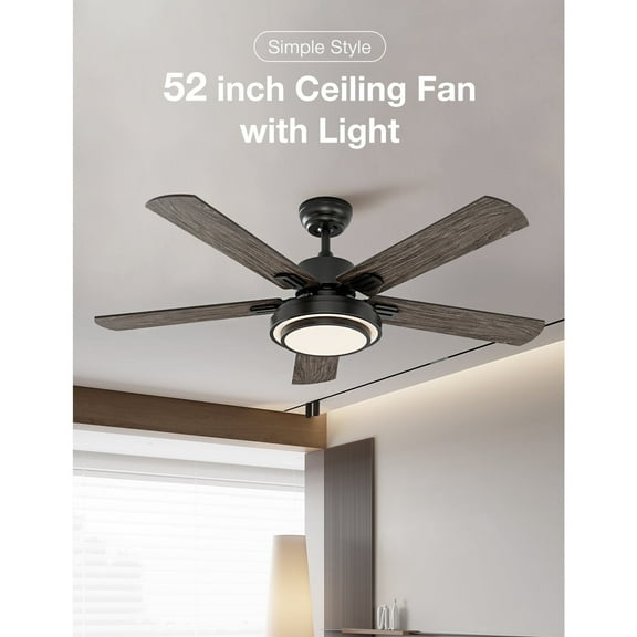 Warmiplanet 52” Satin Black Integrated LED Ceiling Fan with Light Kit and Remote Control