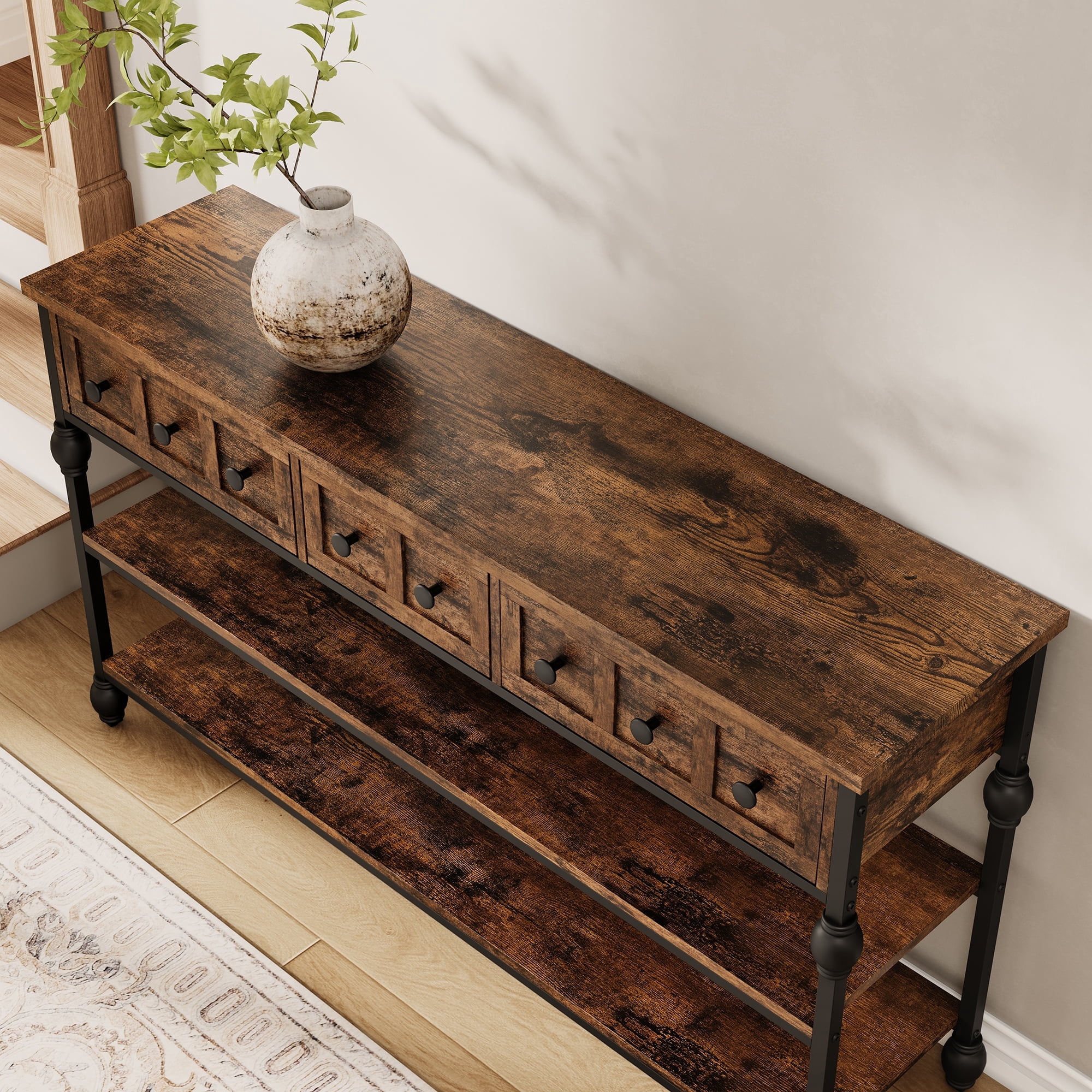 52.5 Inch Long Console Tables for Entryway with 3 Drawers, 3-Tier Industrial Metal Frame Sofa Table with Roman Column Legs for Hallway, Living Room, Foyer, Retro