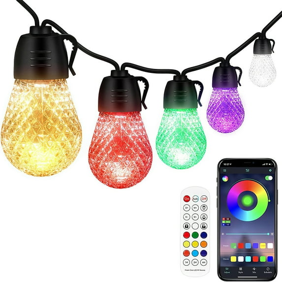 52.5FT Outdoor String Lights TeqHome Valentine's Day LED Bulbs Smart RGB Patio Lights Work with APP Control IP66 Waterproof for Balcony Backyard