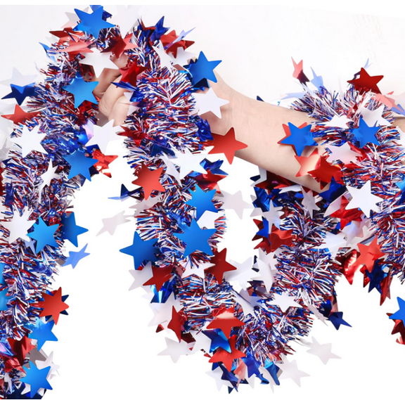 52.5FT Patriotic Glitter Tinsel Garland Decoration, Red White Blue Star Metallic Tinsel Twist Garland, 4th of July Decor Parade Golf Cart Shiny Tinsel for Car Bike Independence Day Memorial Day Decor