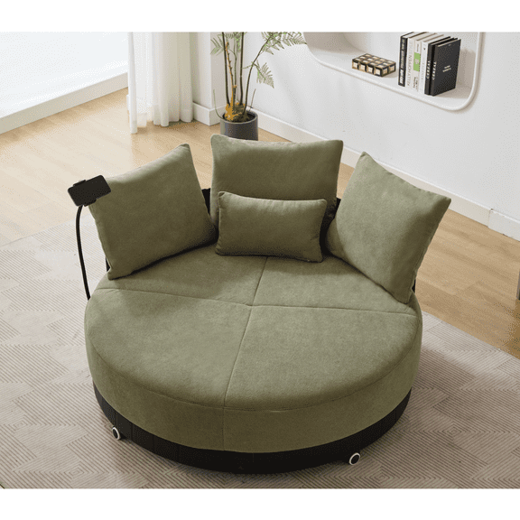 52.7-Inch Oversized Round Sofa Chair, 360° Swivel Chair with Adjustable Phone Stand, 2 Throw Pillows and 1 Lumbar Pillow, Anti-Wrinkle Fabric Loveseat Sofa Couch for Apartment Living Room (Green)