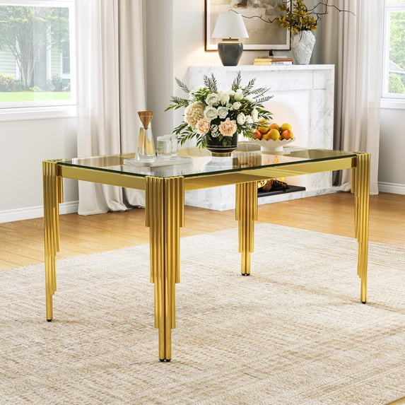 52.7" Rectangular Clear Tempered Glass Dining Table for 4 People, Modern Kitchen Table with Irregular Stainless Steel Legs, Dining Table for Small Space, Apartment Studio, Home Office