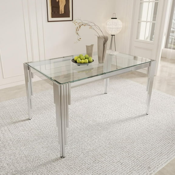 52.7" Rectangular Clear Tempered Glass Dining Table for 4 People, Modern Kitchen Table with Irregular Stainless Steel Legs, Dining Table for Small Space, Apartment Studio, Home Office