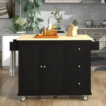 52.7" Rolling Kitchen Island with Solid Wood Top and Locking Wheels, Drop Leaf Breakfast Bar, Trolley Cart with Cabinet, 3 Drawers,Spice Rack,Towel Rack,Kitchen&Dining Room Utensils Organizer,Black