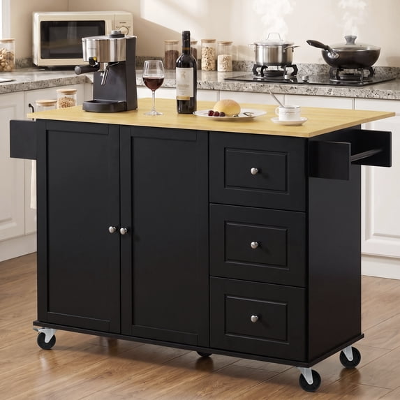 52.7" Rolling Kitchen Island with Storage & Drop Leaf, Adjustable Shelf, Spice & Towel Rack for Small Kitchen & Dining Room, Black