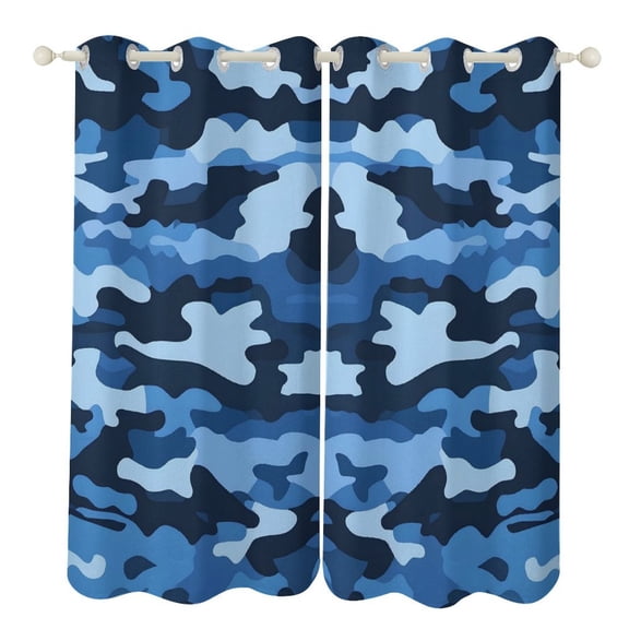 52×72in Perforated Curtain Two Symmetrical Pieces Heat Insulation Sun Protection Soft Skin-Friendly And Washable Vector Camouflage Pattern Blue_1