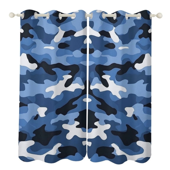 52×72in Perforated Curtain Two Symmetrical Pieces Heat Insulation Sun Protection Soft Skin-Friendly And Washable Vector Camouflage Pattern Blue_2