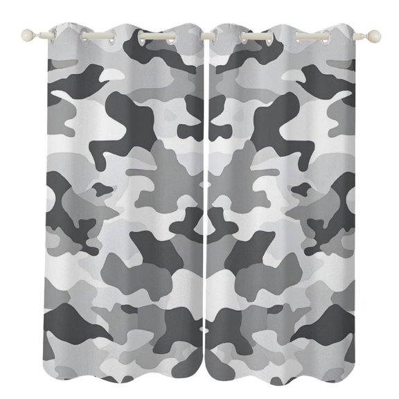 52×72in Perforated Curtain Two Symmetrical Pieces Heat Insulation Sun Protection Soft Skin-Friendly And Washable Vector Camouflage Pattern Gray_2