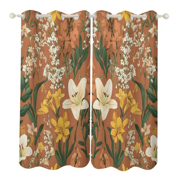 52×72in Perforated Curtain Two Symmetrical Pieces Heat Insulation Sun Protection Soft Skin-Friendly And Washable Yellow Background with Flowers