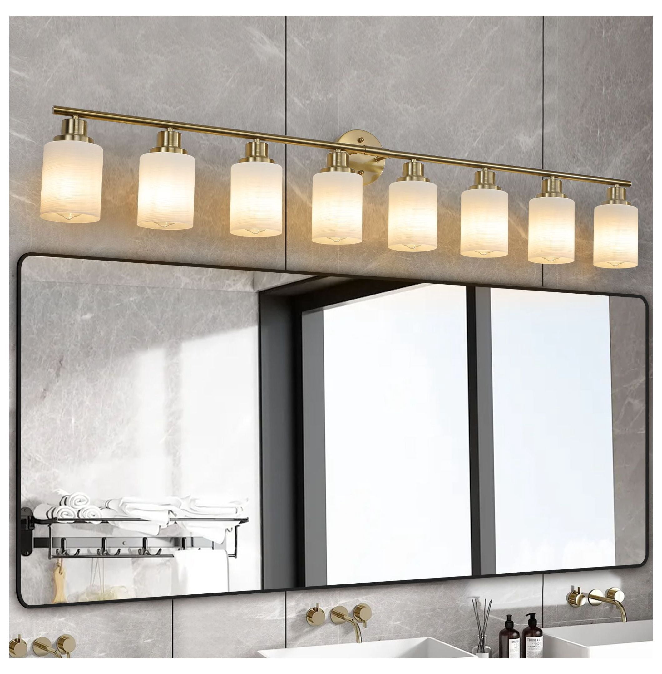 52" 8-Light Bathroom Vanity Sconce, Golden Finish - Frosted Glass Wall Lighting for Hallway ...