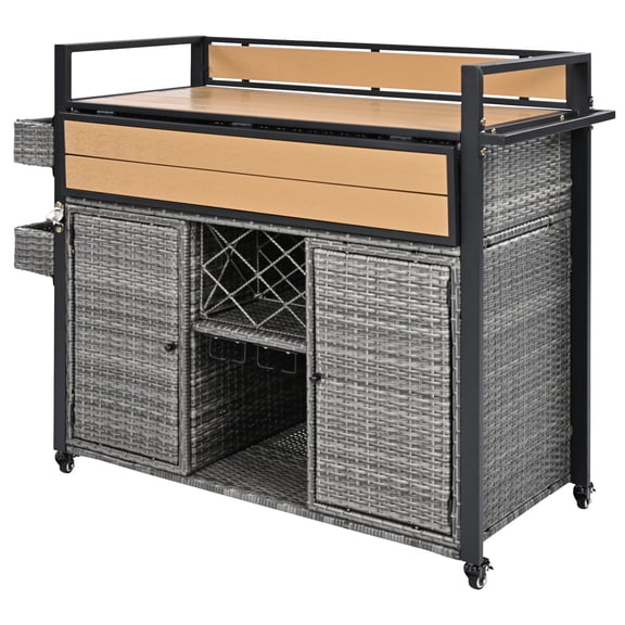 52.8"W Wicker Outdoor Grill Cart with Extended Plastic Wood Table Top, Rolling Kitchen Island on Wheels with Storage Cabinet, for Patio Backyard Garden Poolside, Double Handle Design, Grey