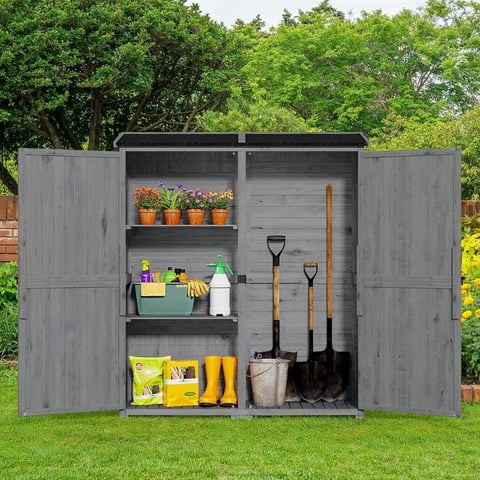 Asofer Fir Wood Outdoor Storage Cabinet with 2 Removable Shelves, Lockable Double Doors & Weatherproof Asphalt Roof, Raised Floor Garden Tool Shed for Backyard Patio, Gray