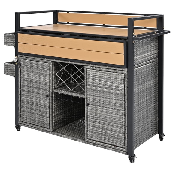 52.8" Wicker Outdoor Grill Cart with Extended Wood Table Top Rolling Kitchen Island with Storage Cabinet for Patio & Poolside