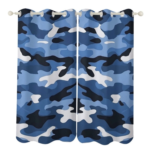 52×84in Perforated Curtain Two Symmetrical Pieces Heat Insulation Sun Protection Soft Skin-Friendly And Washable Vector Camouflage Pattern Blue_2