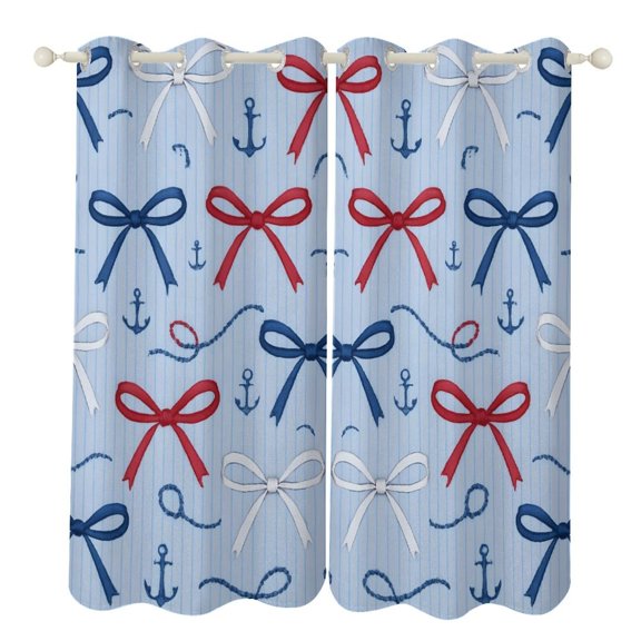 52×84in Perforated Curtain Two Symmetrical Pieces Heat Insulation Sun Protection Soft Skin-Friendly And Washable Nautical Theme Thin Ribbon Bow Pattern