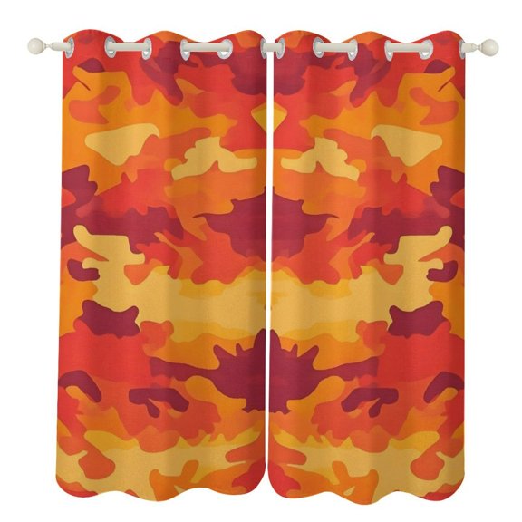 52×84in Perforated Curtain Two Symmetrical Pieces Heat Insulation Sun Protection Soft Skin-Friendly And Washable Vector Camouflage Pattern Orange Red_4