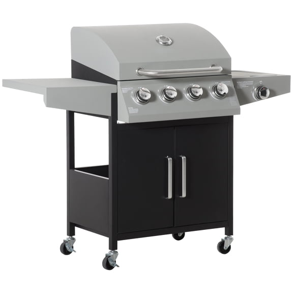 52" Barbecue Grill with Wheels 4+1 Burner Liquid Propane Gas Grill Outdoor Cabinet Style BBQ Trolley w/ Side Burner, Warming Rack, Storage Cabinet