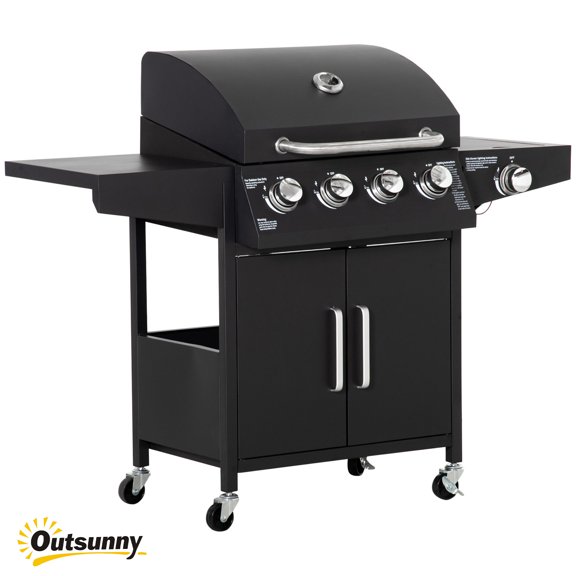 52" Barbecue Grill with Wheels 4+1 Burner Liquid Propane Gas Grill Outdoor Cabinet Style BBQ Trolley w/ Side Burner, Warming Rack