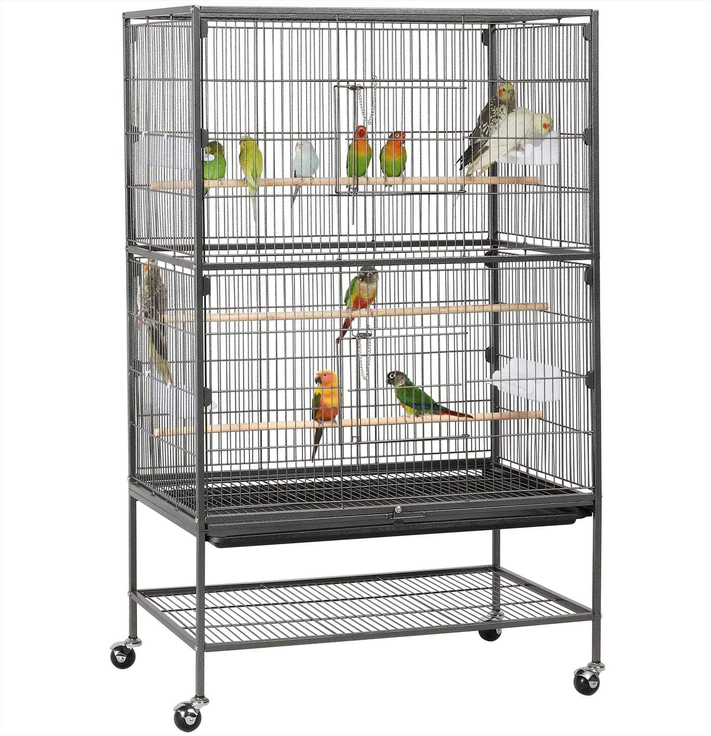52'' Bird cage w/Perches & Feeders, Large Birdcage with Pull-Out Tray, Rolling Wheels, Extra Storage, Flight Cage for Cockatiel, Parrot, Parakeet, Conure, Budgie, Pigeon Small/Medium Birds