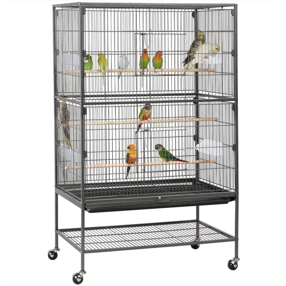 52'' Bird cage w/Perches & Feeders, Large Birdcage with Pull-Out Tray, Rolling Wheels, Extra Storage, Flight Cage for Cockatiel, Parrot, Parakeet, Conure, Budgie, Pigeon Small/Medium Birds