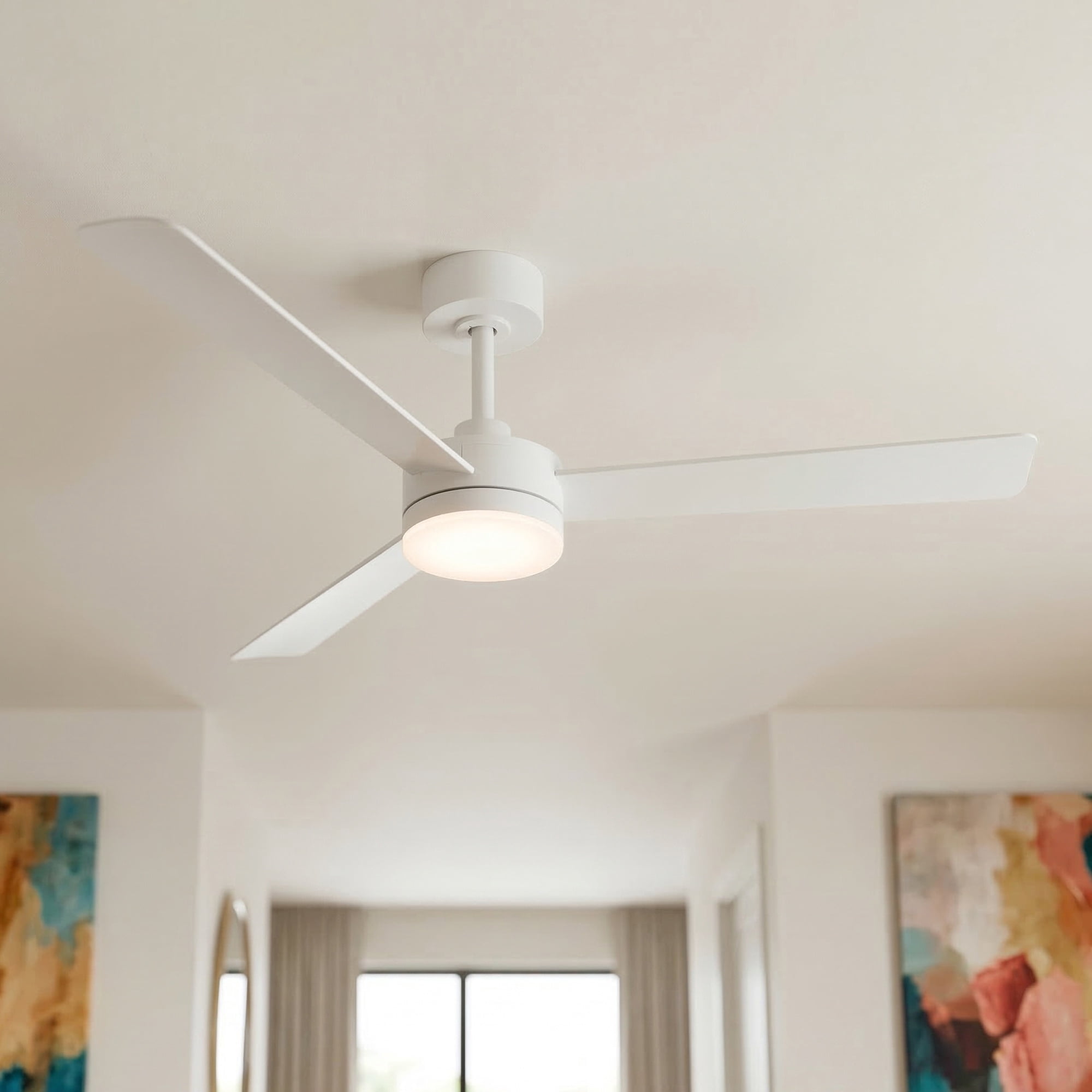 Mainstays 52 in Matte White Indoor/Outdoor Downrod Ceiling Fan with Light Kit and Remote Control