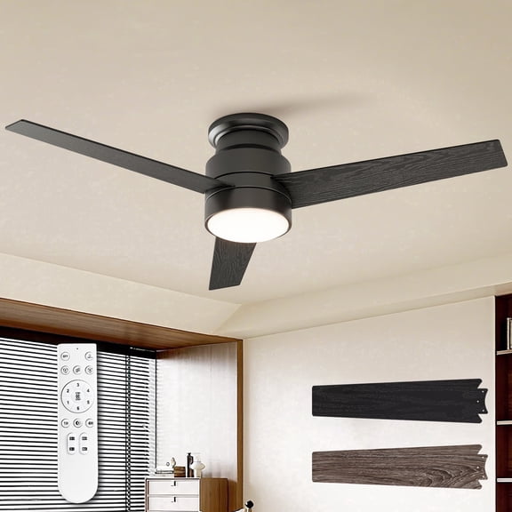 Warmiplanet 52" Black Modern Flush Mount Ceiling Fan with LED Light & Remote, 6 Speeds, 3-Color Light, Dual-Color 3-Blade, Reversible, Timer