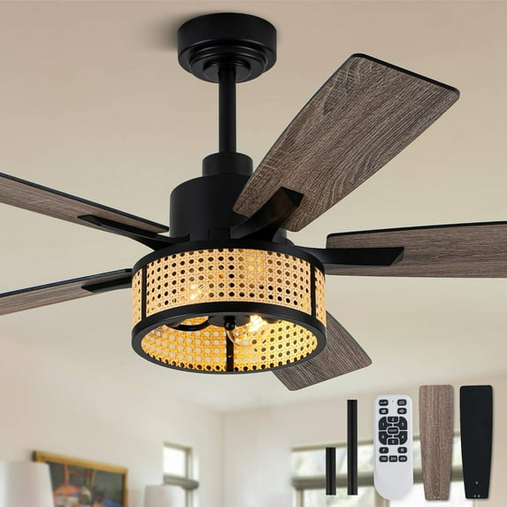 52" Boho Ceiling Fans with Lights and Remote Control,Reversible Motor,5 Double Colour Blades,6-Speed Adjustable,Farmhouse Rattan Rustic Caged Ceiling Fan with Light for Living Room, Bedroom