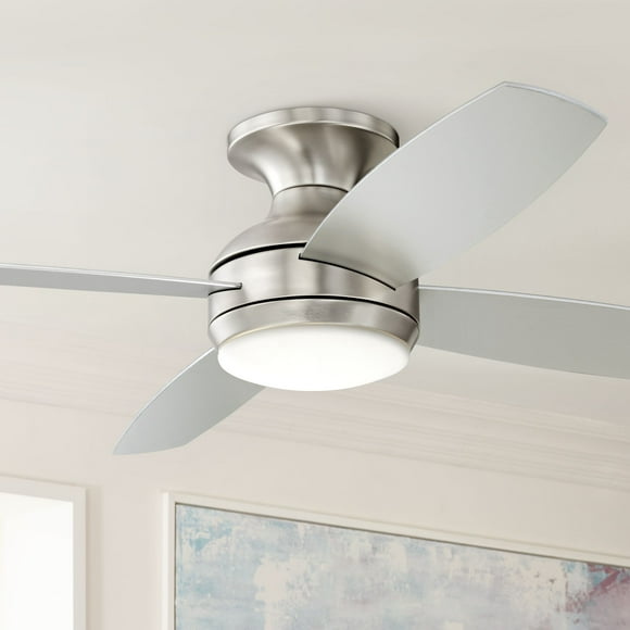 52" Casa Vieja Elite Modern Hugger Indoor Ceiling Fan with Dimmable LED Light Remote Control Brushed Nickel Opal Glass for Living Room Kitchen House