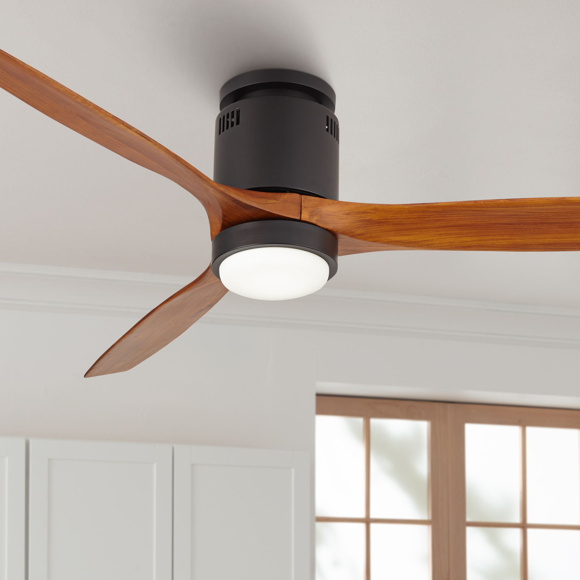 52" Matte Black and Walnut Wood Ceiling Fan with LED Light and Remote