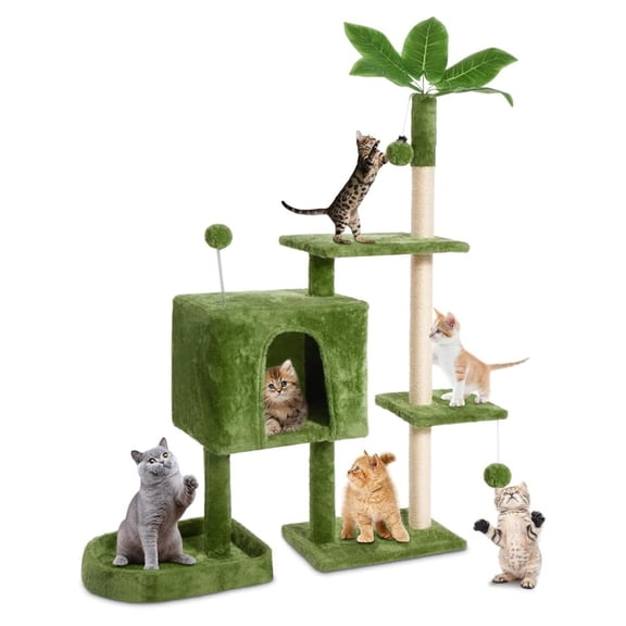 52" Cat Tree Cat Tower for Indoor Cats with Green Leaves, Multi-Level Cozy Plush Cat Condo Cat House Scratching Posts for All Breeds Sizes