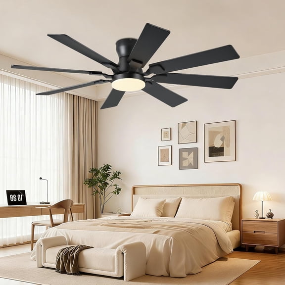 52 Inch Flush Mount Ceiling Fan With Light & Remote Control, 8‑Blade Reversible Quiet DC Motor, Modern Black Ceiling Fan for Bedroom, Kitchen, Living Room & Covered Patios