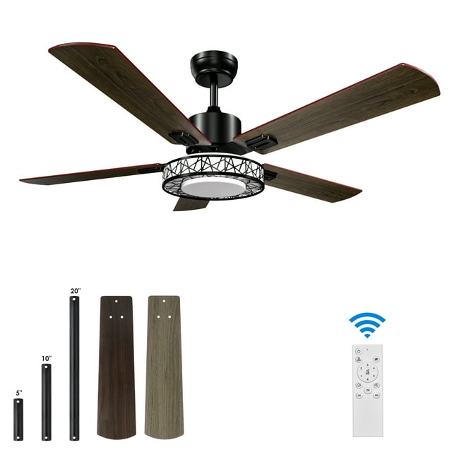 52" Ceiling Fan with Light Remote Control, 5 Blade Wood Home Fan with 3