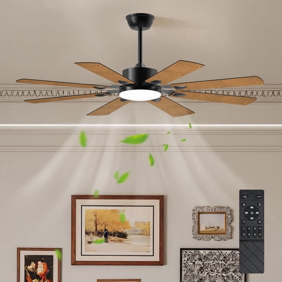 52" Ceiling Fan with Lights & Remote Control, 8 Plywood Blades, 6-Speed Noiseless Reversible DC Motor, 3CCT Windmill Fan for Kitchen, Bedroom & Living Room, Black