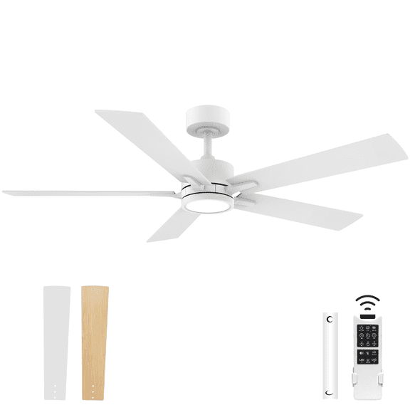 52" Ceiling Fan with Lights and Remote Control,Indoor outdoor Modern Ceiling Fans with Dimmable LED Light,6-Speed,5-Blade,Quiet DC Motor,Waterproof,White light wood for Bedroom,Patio,Porch