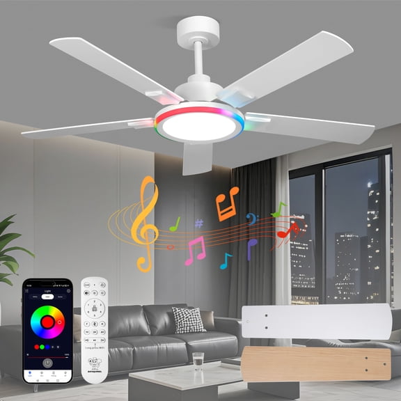 52"Ceiling Fan with Lights, Smart Flush Mount Ceiling Fan, Bluetooth Speaker & RGB Light, 6 Reversible Speeds, Remote APP Control Low Profile Fan for Bedroom Living Room