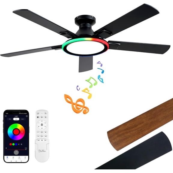 52"Ceiling Fan with Lights, Smart Flush Mount Ceiling Fan, Bluetooth Speaker & RGB Light, 6 Reversible Speeds, Remote APP Control Low Profile Fan for Bedroom Living Room